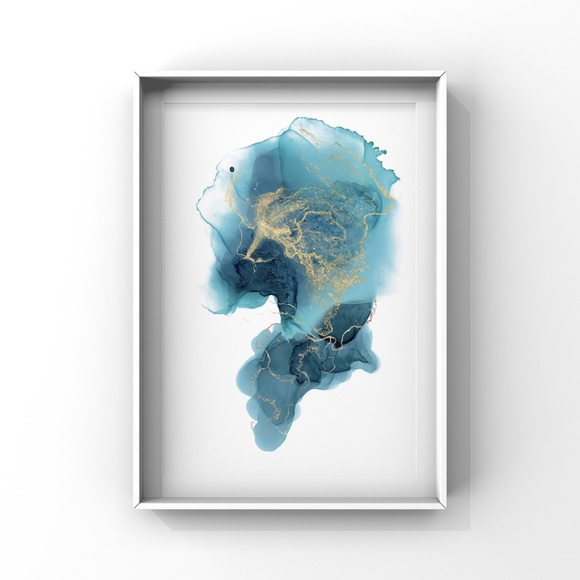 Aqua Blue and Gold Abstract Art Print in Watercolor and Alcohol Ink Style - Picture 2 of 4